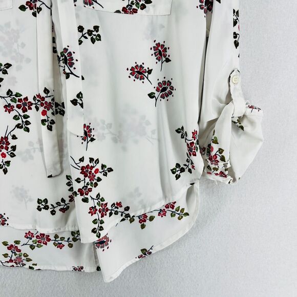 ABERCROMBIE & FITCH Top XS Floral Poplin Tie Neck Blouse Roll Tab Sleeve White - Picture 7 of 16
